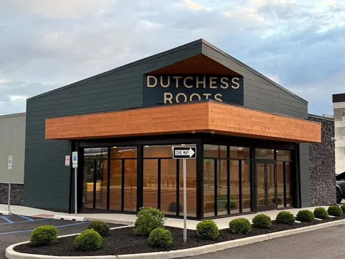 Dutchess Roots in Poughkeepsie, NY: ground-up commercial building with metal, wood, stone and glass exterior