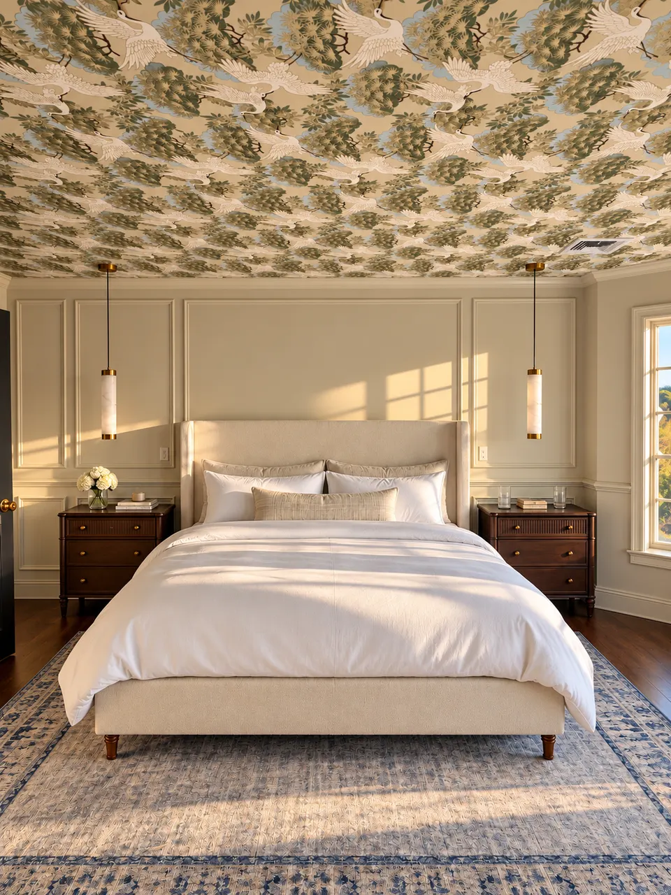Renovated bedroom with a decorative patterned ceiling