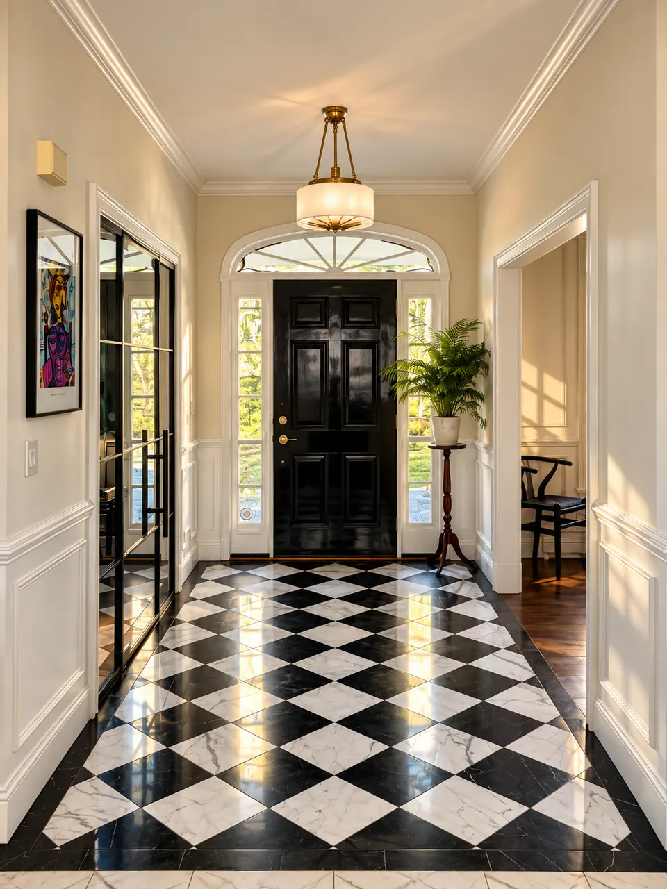 Renovated foyer with black-and-white checkerboard marble floor and black front door